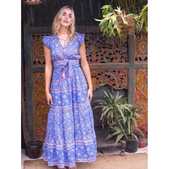 Bell by Alicia Bell || Maya Maxi Dress Block Print Belted Tassels Silk Blue S