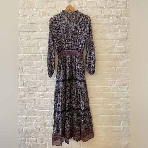 Bell by Alicia Bell || Grace Tassel Block Print Maxi Dress Navy Burgundy XS