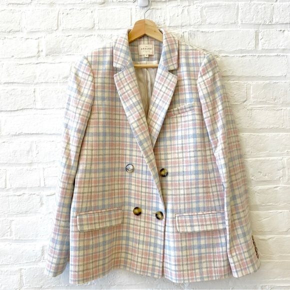 Sezane || Pink + Blue Check Christie Jacket Double Breasted Blazer Ivory 36 US 4