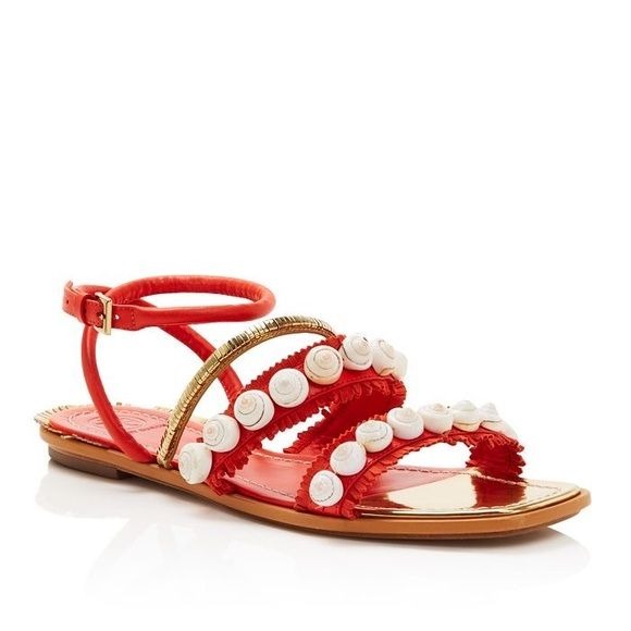 Tory Burch || Sinclair Seashell Sandal Strappy Fringe Gold Orange Red 7.5