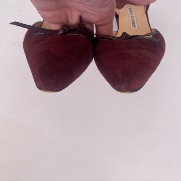 Manolo Blahnik || Slingback Kitten Heels Mules Suede Bow Burgundy Wine Red 37.5