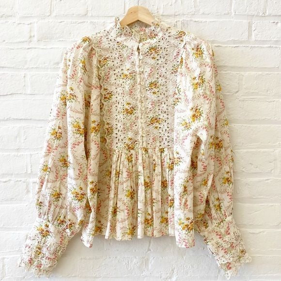 ByTiMo || Eyelet Puff Sleeve Top Blouse Cotton Slub Lace Vintage Floral Ivory M