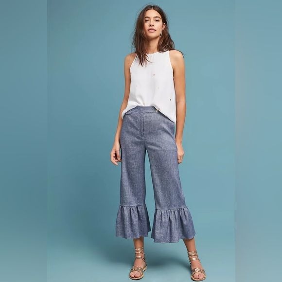 Anthropologie || ett:twa Linen Ruffle Crop Trouser Chambray Blue 6