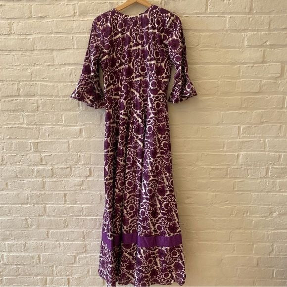 Anaya by Rose || Long-Sleeve Monkey Maxi Dress in Purple Birds Block Print L NWT