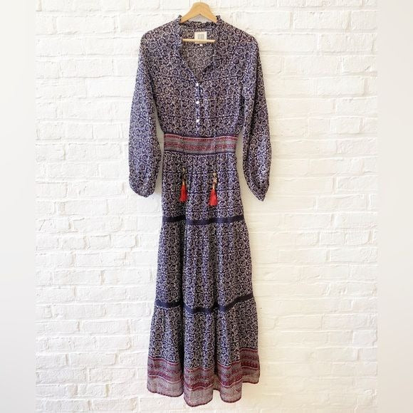 Bell by Alicia Bell || Grace Tassel Block Print Maxi Dress Navy Burgundy XS