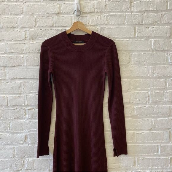 All Saints || Nala Ribbed Sweater Dress Midi Long Sleeve Crew Slit Burgundy M