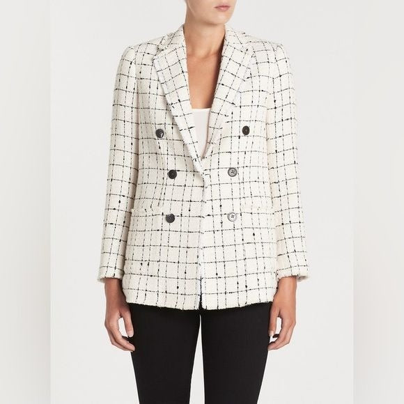 Rebecca Taylor || Tweed Plaid Check Fringe Blazer Double Breasted Cream Black 8