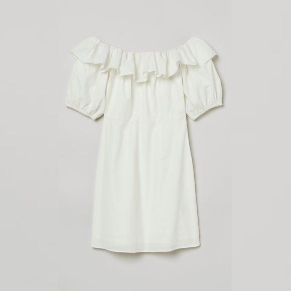 H&M || Linen Blend Ruffle Mini Dress Cream Ivory White XL