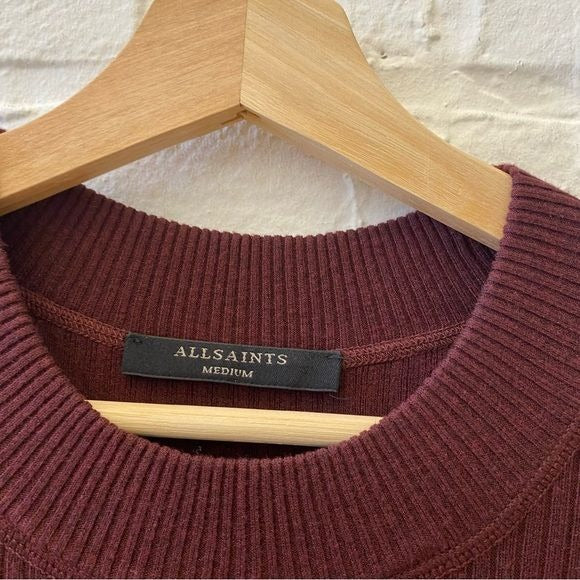 All Saints || Nala Ribbed Sweater Dress Midi Long Sleeve Crew Slit Burgundy M