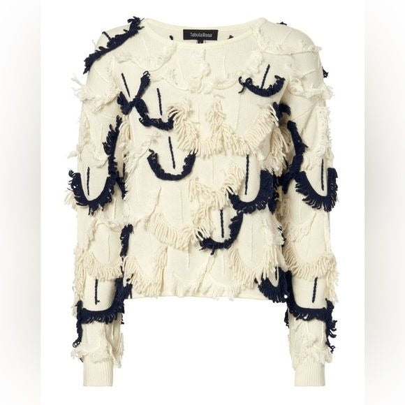 Tabula Rasa || Mali Scallop Fringe Knit Sweater Alpaca Blend Ivory Navy XS