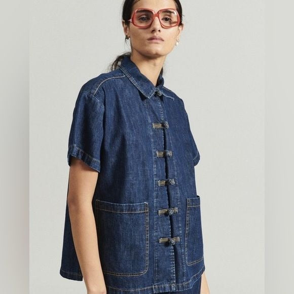 Rachel Comey || Nodum Top Dark Indigo Short Sleeve Knot Buttons Pockets Blue 2