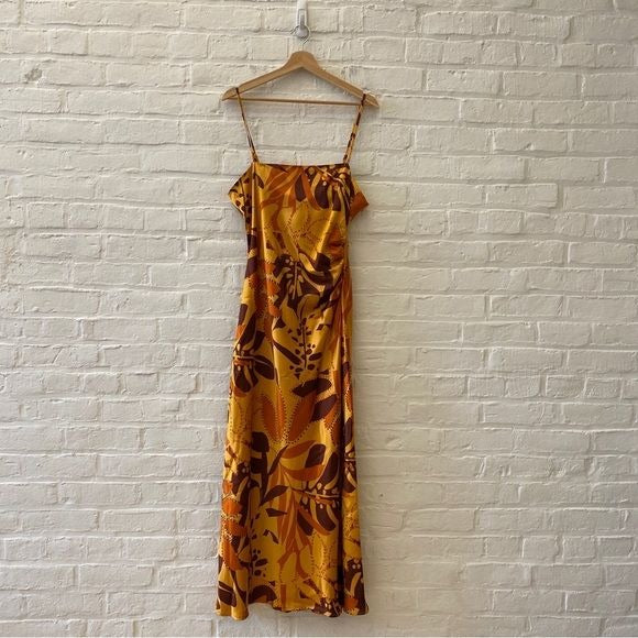 House of Harlow 1960 || Satin Slip Dress Ruched Side Foliage Print Orange NWT