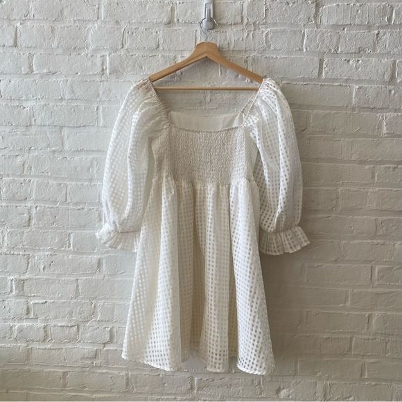 Entro || Puff Sleeve Babydoll Mini Dress White Plaid Medium Bride Bachelorette