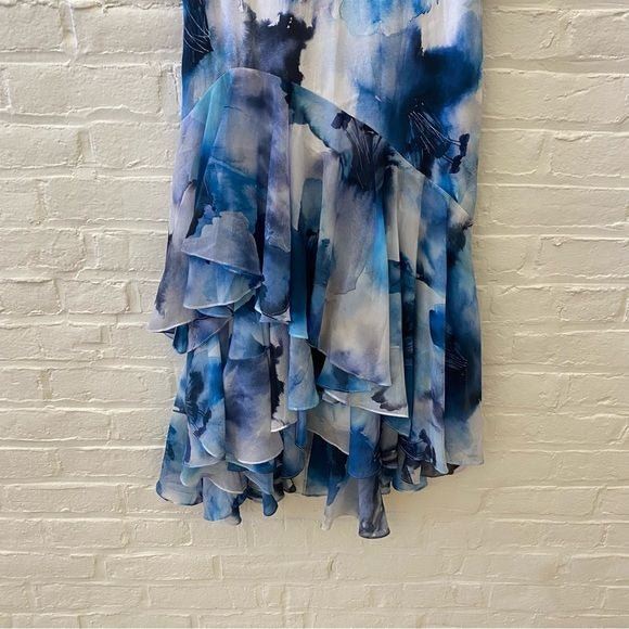 Theia || Ruffled Watercolor Hibiscus Print Cocktail Dress Blue 6