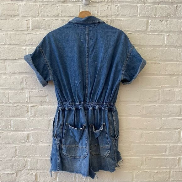 R13 || Mick Belted Distressed Denim Romper Cohen Blue Small