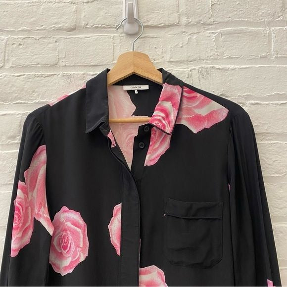 GANNI || Fayette Rose Print Silk Button Down Shirt Blouse Black Pink 36 US 4