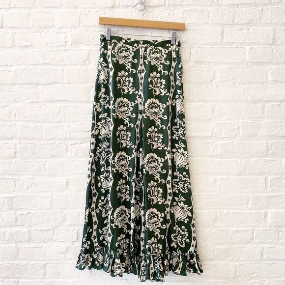 Zara || Floral Wide Leg Ruffle Hem Pants Satin Green White Small