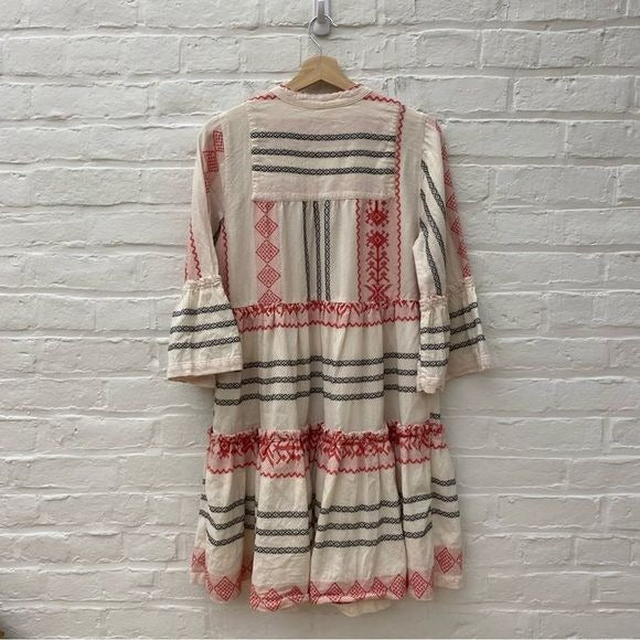 Haris Cotton || Tiered Embroidered Cotton Dress Sleeves Greece Cream Red Small