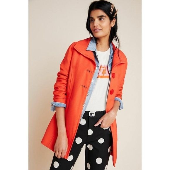 Anthropologie || Wellesley Pleated Peacoat Coat Orange Medium