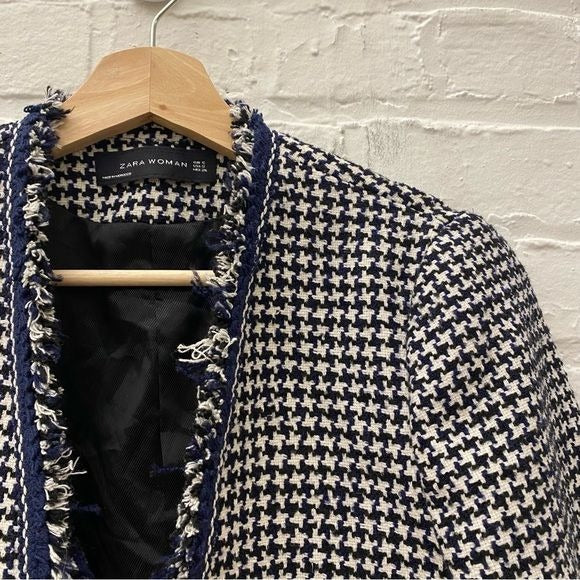 Zara || Houndstooth Tweed Fringe Blazer Navy Blue White Small