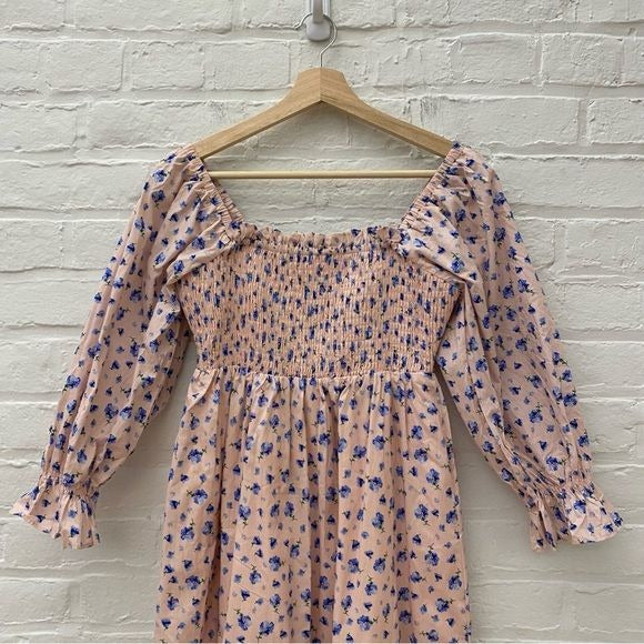 English Factory || Smocked Floral Cotton Midi Dress Pink Blue XS