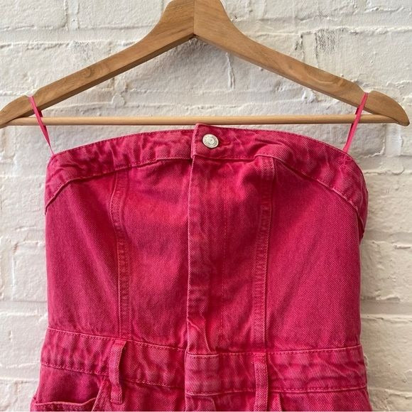 Zara || Strapless Denim Mini Dress Overdyed Hot Pink Medium NWT