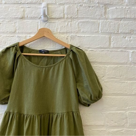 Madewell || (Re)sponsible Puff Sleeve Tiered Mini Dress Olive Green XS