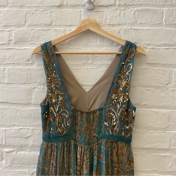 Anthropologie || Ranna Gill Beaded Sequin Paisley Maxi Dress Gown Teal Gold 0