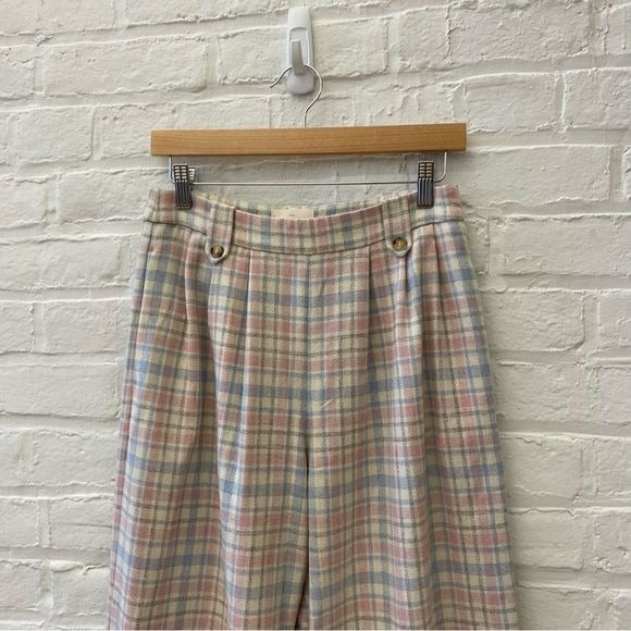 Sezane || Loulou Trousers Wide Leg Pants Wool Plaid Ivory Blue Pink 36 US 4