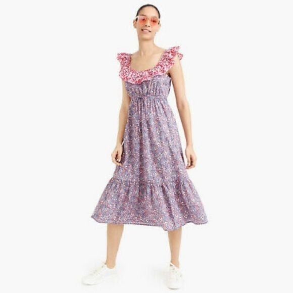 J. Crew || Liberty of London Cinched Waist Ruffle Dress Floral Pink XS