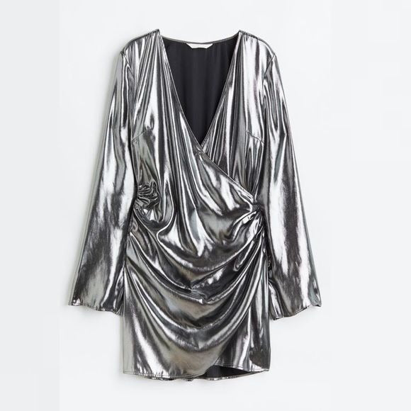 H&M || Silver Faux Wrap Mini Party Dress Silver XL NWT