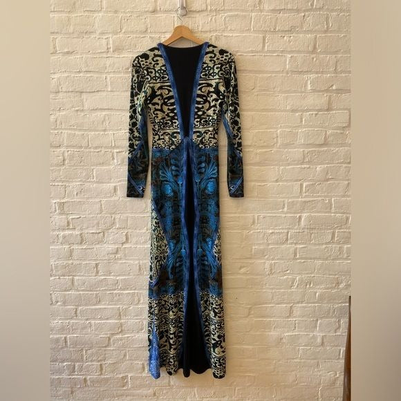 Roberto Cavalli || Long-Sleeve Mixed-Print Gown Blue Black IT 40 US 4