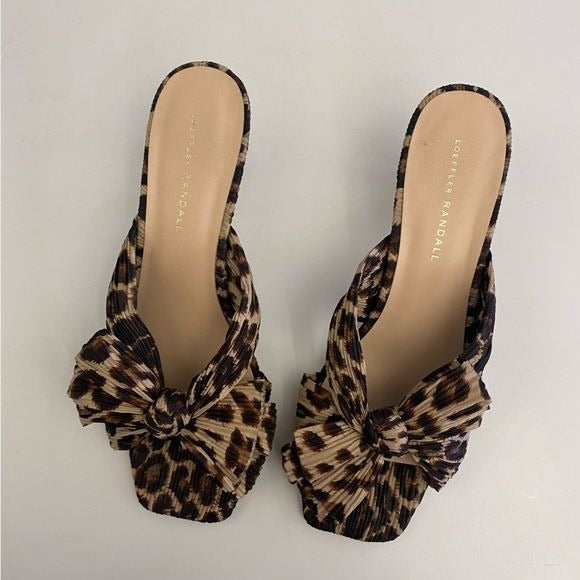 Loeffler Randall || Eugenia Pleated Knot Bow Square Toe Slides Leopard 9.5