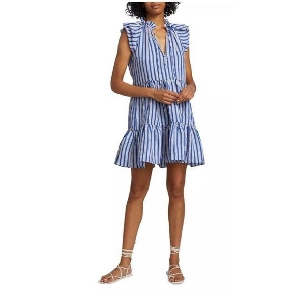 Veronica Beard || Zee Striped Tiered Mini Dress Linen Blend Cobalt Blue 0