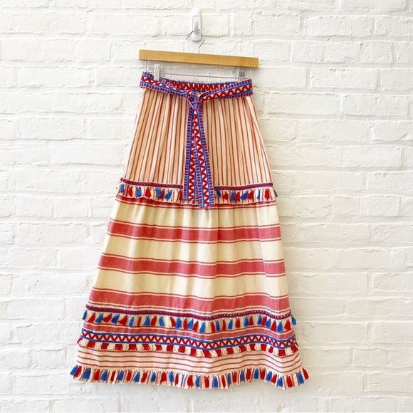 Dodo Bar Or || Gael Belted Midi Skirt Tie Waist Tassels Red Blue Small