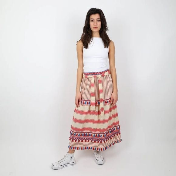 Dodo Bar Or || Gael Belted Midi Skirt Tie Waist Tassels Red Blue Small