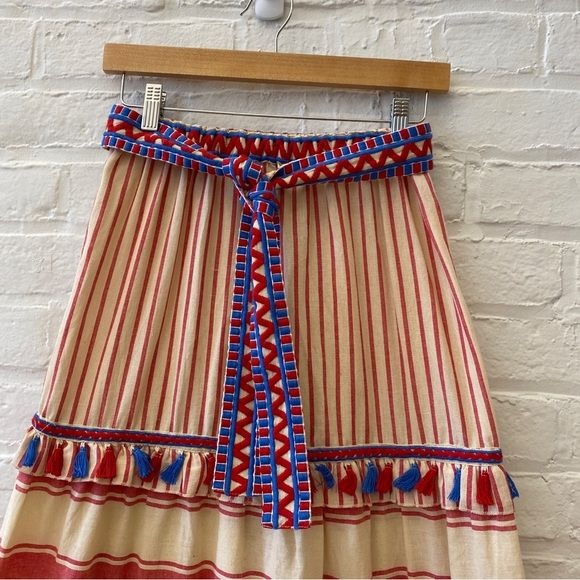 Dodo Bar Or || Gael Belted Midi Skirt Tie Waist Tassels Red Blue Small