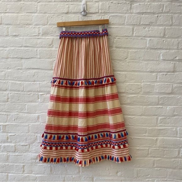 Dodo Bar Or || Gael Belted Midi Skirt Tie Waist Tassels Red Blue Small