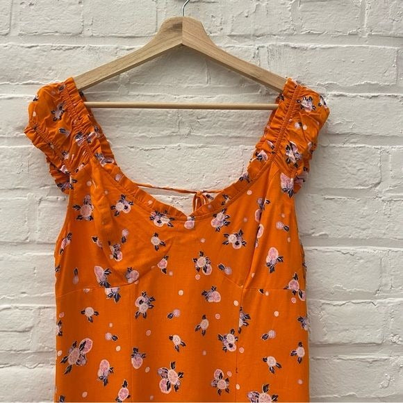 Free People || Like A Lady Floral Ruffle Mini Dress Orange Small Open Back Tie S