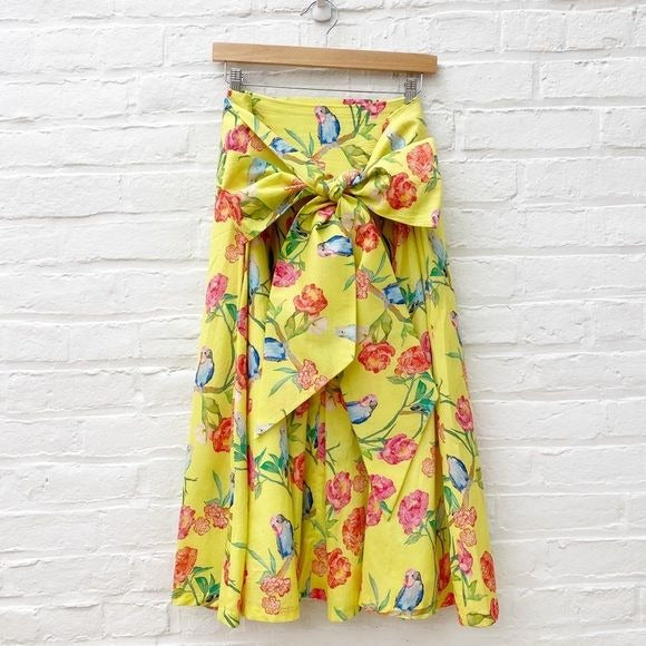 Brooke Wright Designs || Pleated Skirt with Sash Belt Bow Birds Floral Yellow 12