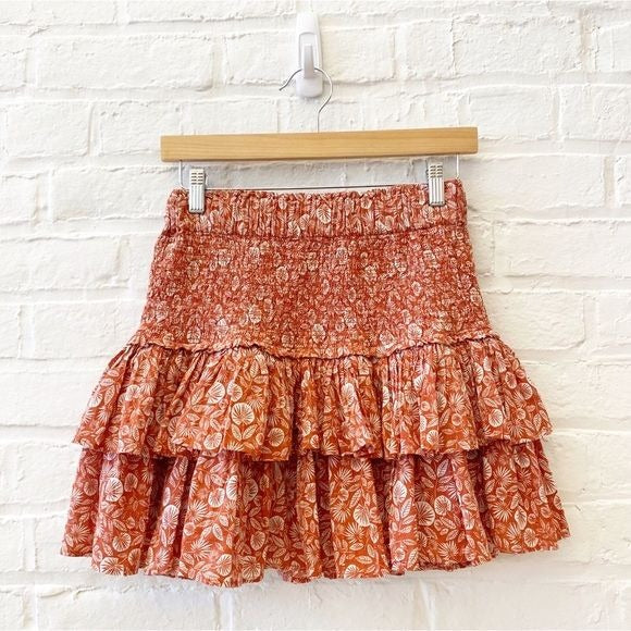 LOFT || Palm Smocked Tiered Smocked Mini Skirt Rust Orange XS