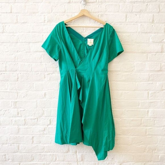 Anthropologie || Maeve Seamed Poplin Origami Pleated Dress Green 14