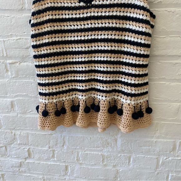 Generation K || Crochet Knit Pom Pop Striped Tank Top Black Tan XL