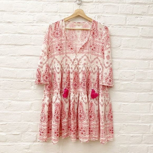 Lola Australia || Tiered Mini Dress Tassels Pink White XS