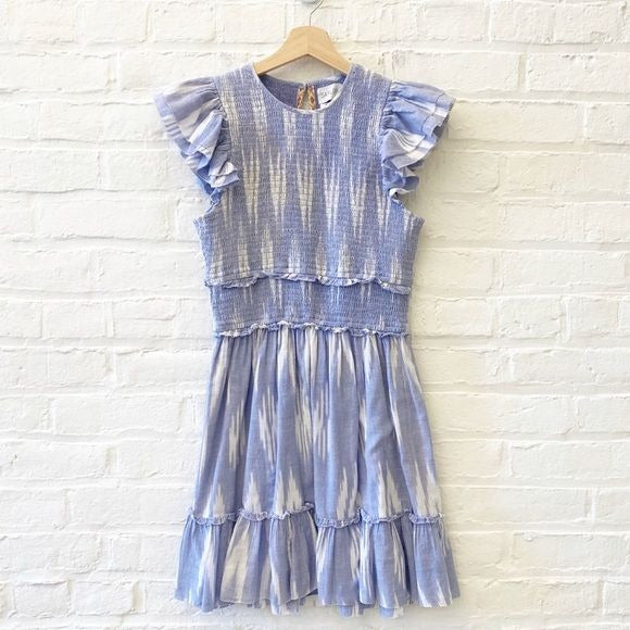 Saylor || Zinnia Smocked Mini Dress Ikat Indigo Blue Small