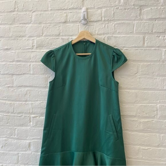 ME+EM || Sculptural Hem Short Sleeve Dress Satin Green UK 8 US 4