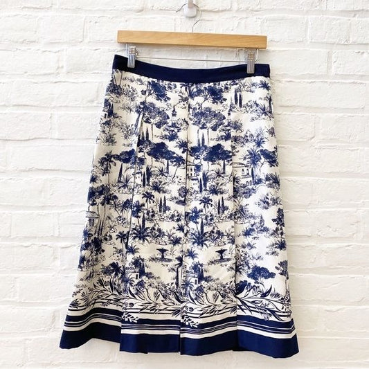 Tory Burch || Vallauris Silk Toile Pleated Skirt Navy 6