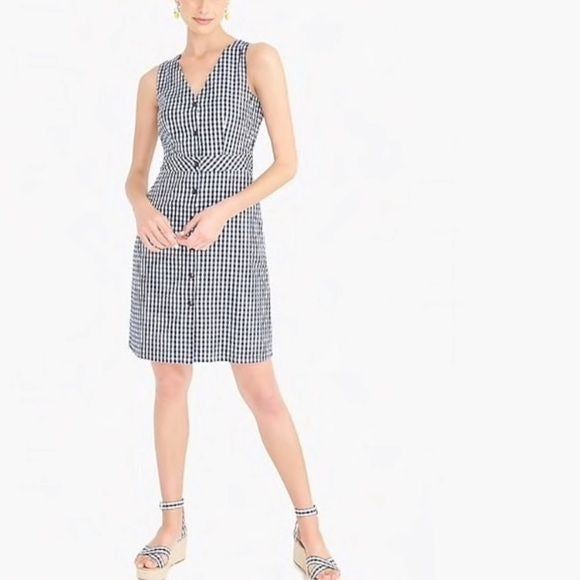 J. Crew || V-neck Button-front Dress in Navy Blue and White Gingham 0