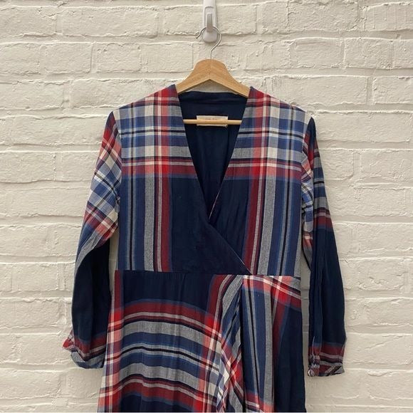 Anthropologie || Isabella Sinclair Tartan Plaid Surplice Midi Dress Navy M