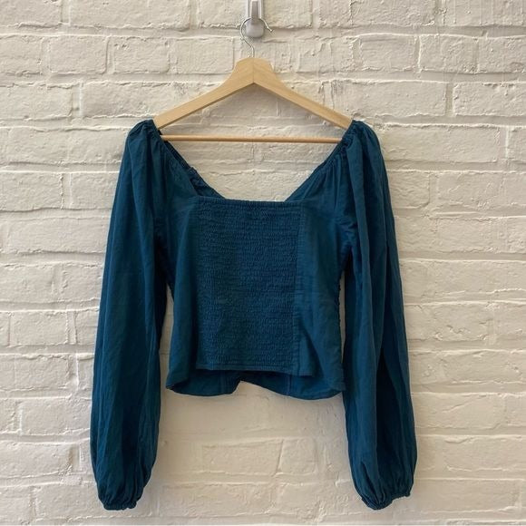 Abercrombie || Long-Sleeve Cotton Cinched Top Ruched Puff Sleeve Teal Green S